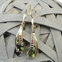 Moldavite earrings + garnets gold Au 585/1000 14K 4.48g