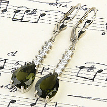 Long earrings of vltavine drops and zircons Ag 925/1000 + Rh