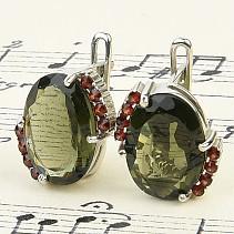 Oval vltavina earrings with garnets, oval shape 13 x 9mm Ag 925/1000 + Rh