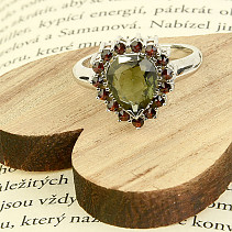 Ring with vltavine and drop-shaped garnets Ag 925/1000 + Rh