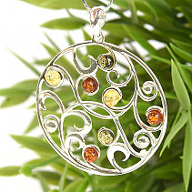 Round silver pendant with amber Ag 925/1000