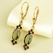 Gold earrings with vltavine and garnets 4.16g Au 585/1000 14 carats