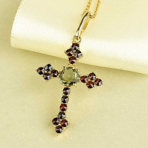 Gold cross pendant with vltavine and garnets 2.96g Au 585/1000 14 carats