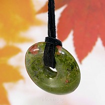Epidote donut pendant with leather
