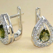 Cut moldavite earrings with cubic zirconia drops 4.5 g Ag 925/1000