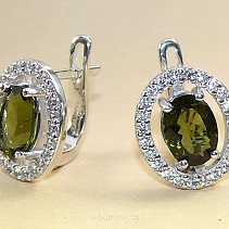 Earrings with cut moldavites zirconia 6x8mm oval Ag 925/1000