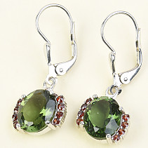 Oval earrings moldavites and grenades Ag 925/1000