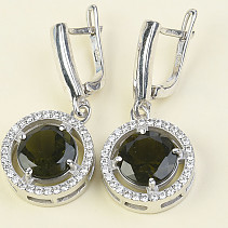 Round earrings with cubic zirconia and moldavites 925/1000 Ag + Rh