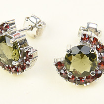 Women earrings moldavite and garnets 925/1000 Ag + Rh