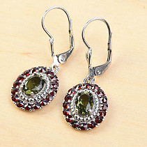 Oval earrings Moldavit cut and grenades 925/1000 Ag + Rh