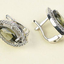 Closing Moldavit cut earrings with cubic zirconia 925/1000 Ag + Rh