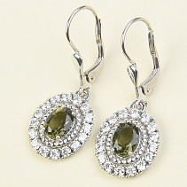 Oval earrings with cubic zirconia moldavites 925/1000 Ag + Rh