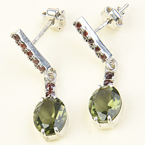 Oval earrings moldavite and garnets 9x7mm 925/1000 Ag + Rh