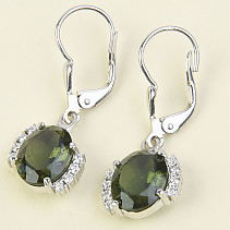 Oval earrings with cubic zirconia and moldavites 10x8mm Ag 925/1000