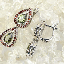 Earrings with moldavites and garnets Ag 925/1000 + Rh