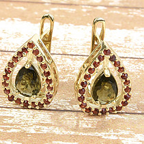 Gold earrings of moldavite + garnet Au 585/1000 5.12g