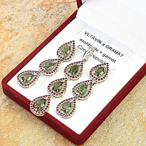 Jewelry set of moldavite and garnets Ag 925/1000 + Rh 9.65 + 4.61g