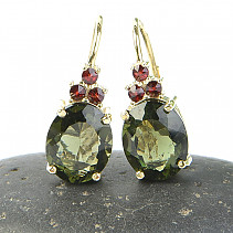 Gold earrings moldavite with garnets  Au 585/1000 3,86g