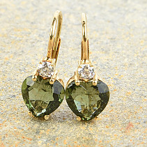 Gold earrings moldavite with zircon Au 585/1000 14K 3,07g