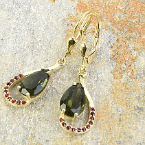 Gold earrings moldavite with garnets Au 585/1000 14K 4.11g