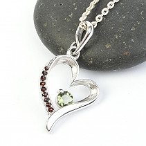 Heart moldavite pendant + garnets 925/1000 + rh